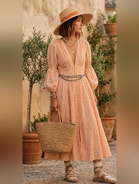 Pearl + Sea Orange Gingham Maxi Dress | Boho V-Neck Button Front Tiered Peach US
